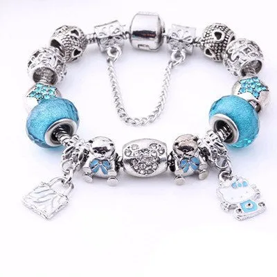 Lovely Girls Jewelry Silver Plated 925 Women Bracelet Pink&Blue Murano Glass Beads Crystal Hello Kitty Charms Bracelet for Women