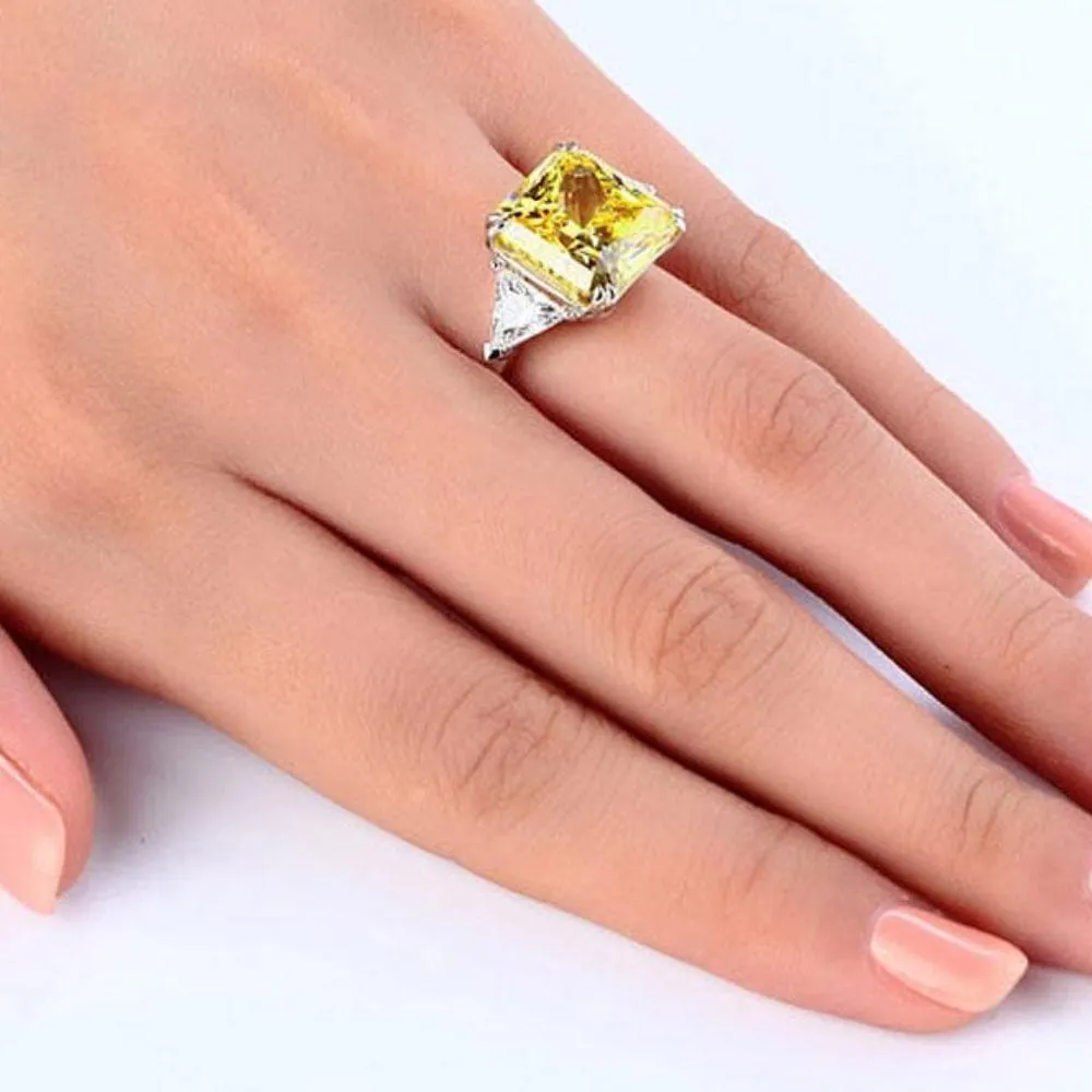 Luxury 8 Carat 925 Sterling Silver Three-Stone Yellow Canary Created Diamante Ring