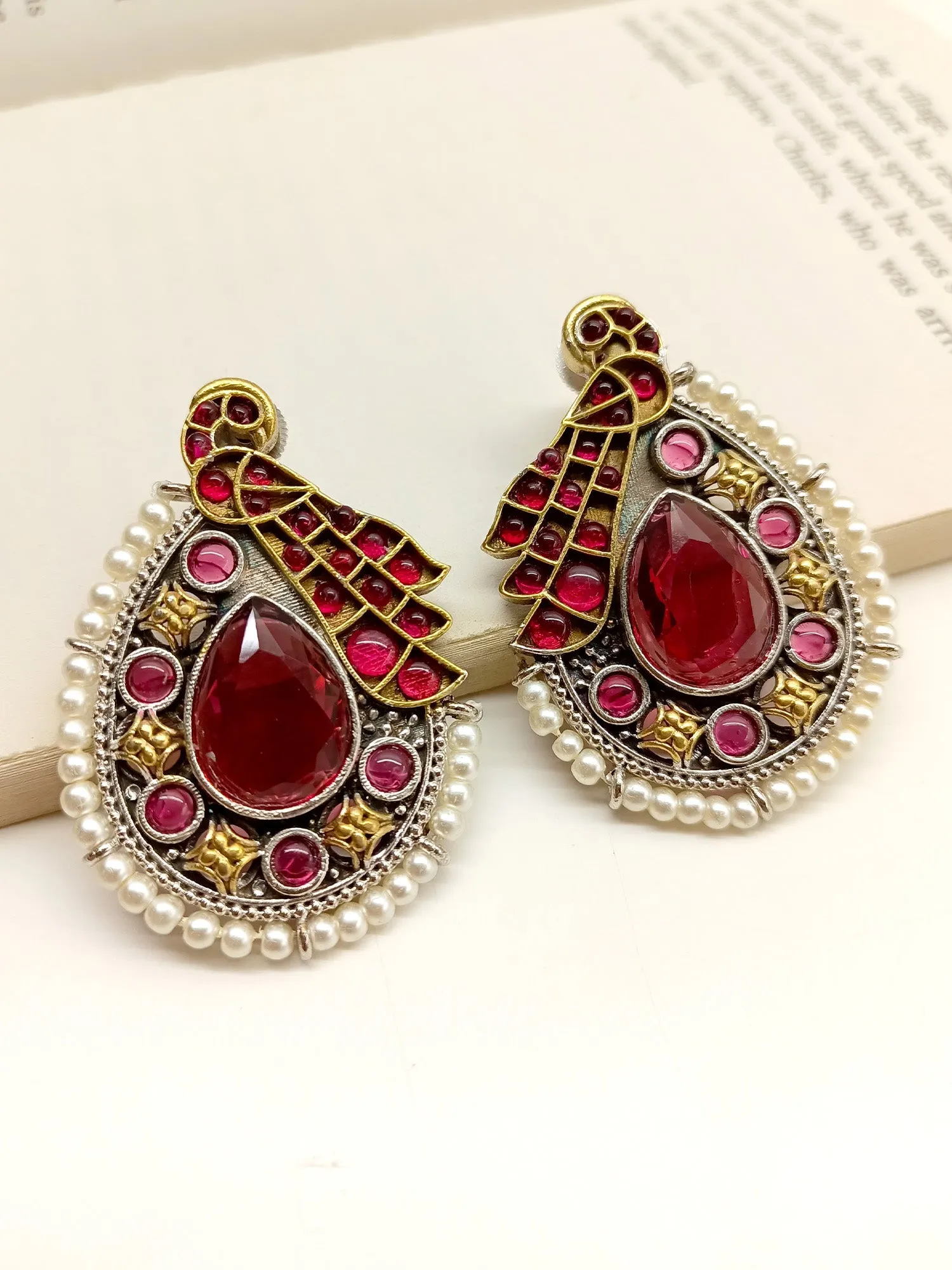 Maroon Peacock Oxidized Earrings