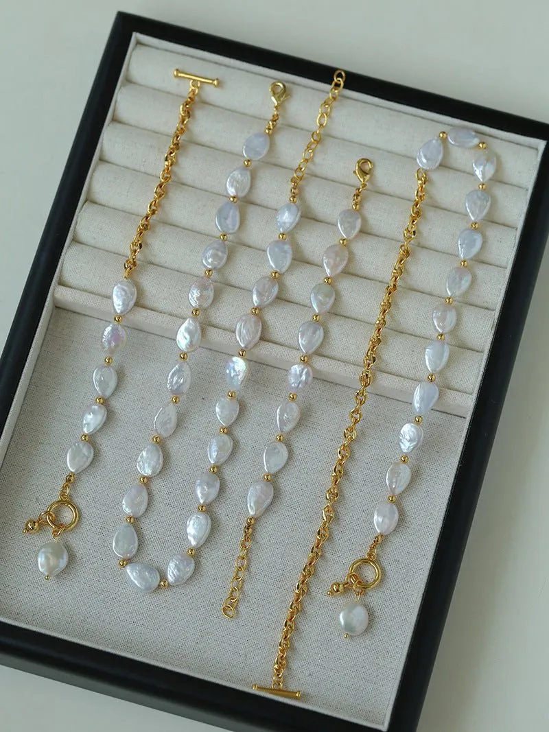 Mini Gold Bead and Teardrop Baroque Pearl Necklace