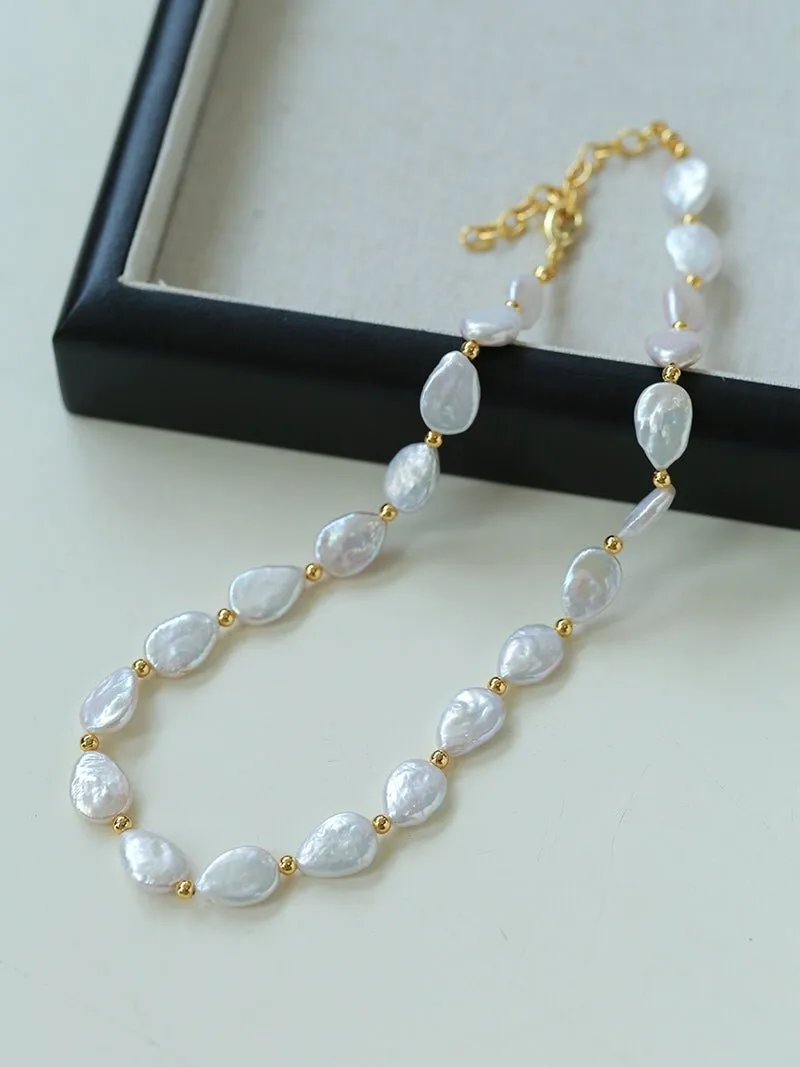 Mini Gold Bead and Teardrop Baroque Pearl Necklace