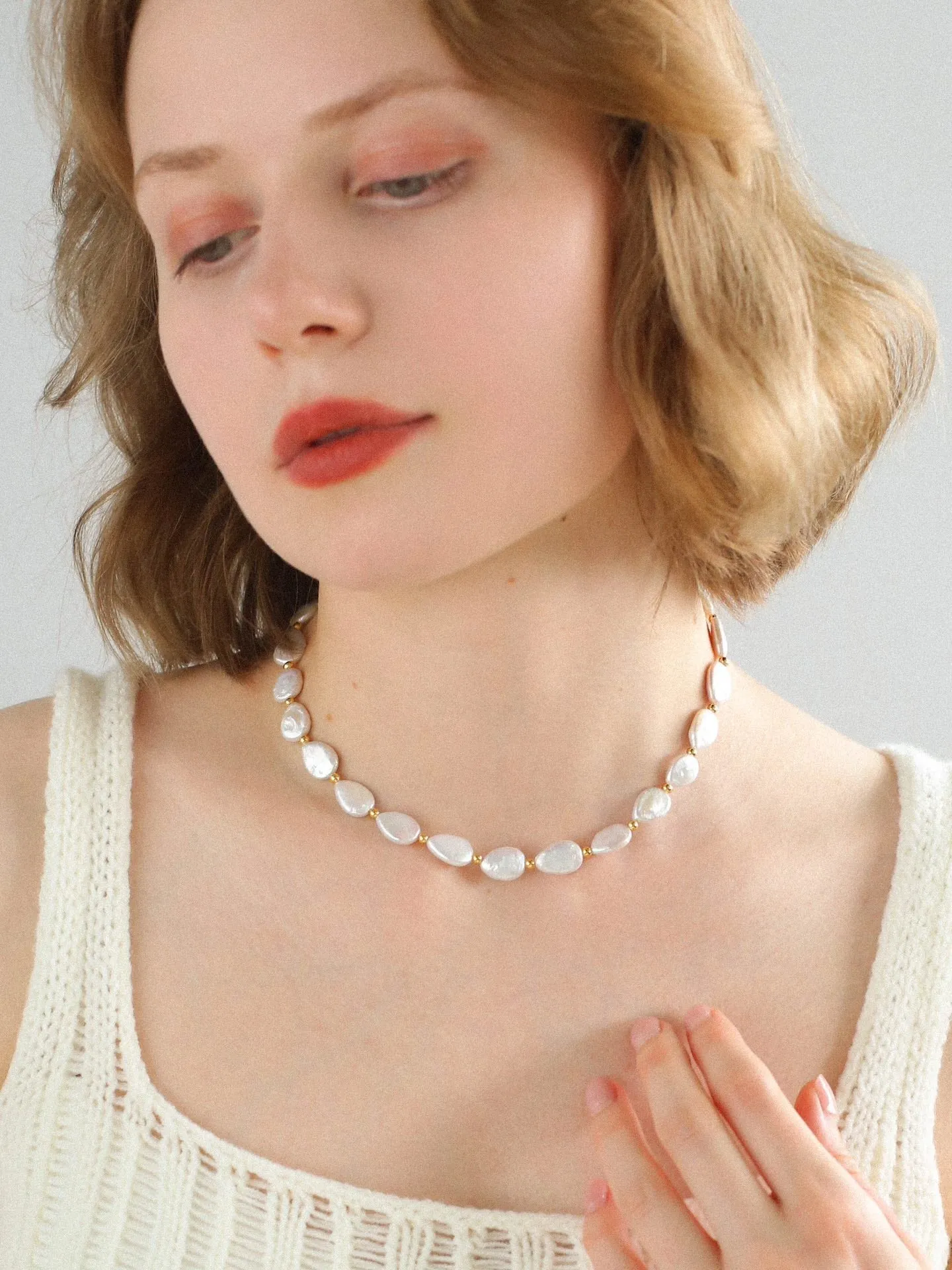 Mini Gold Bead and Teardrop Baroque Pearl Necklace