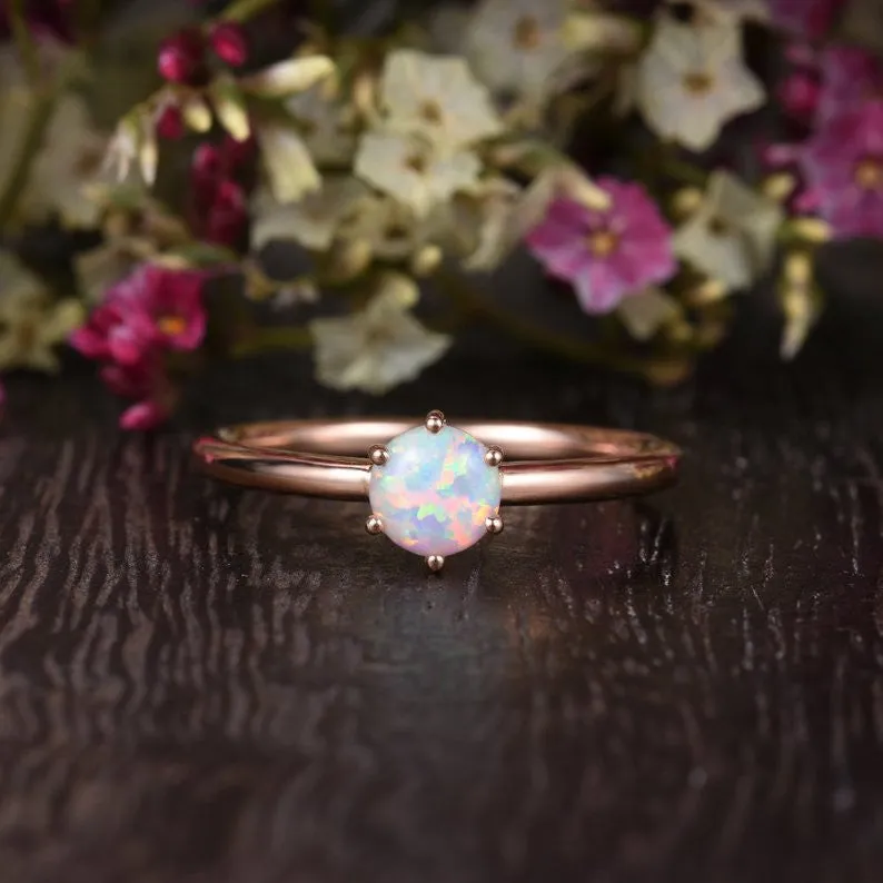 Opal Engagement Ring Lab Solitaire Rose Gold, 5mm Opal Birthstone 6 prongs Stacking Rings Colorful Minimalist Ring