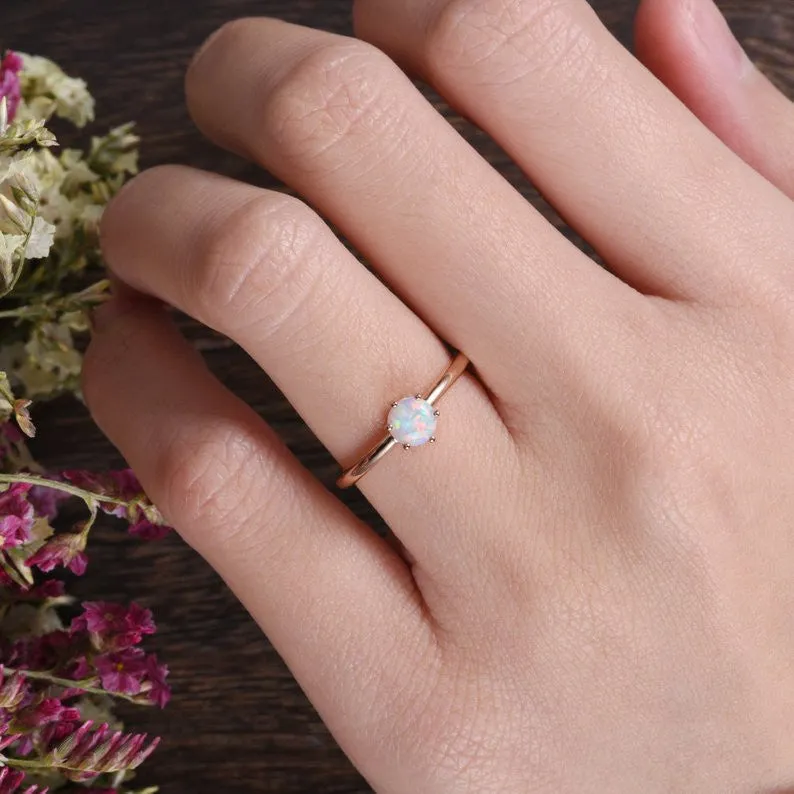 Opal Engagement Ring Lab Solitaire Rose Gold, 5mm Opal Birthstone 6 prongs Stacking Rings Colorful Minimalist Ring