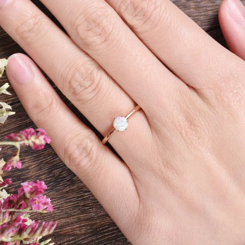 Opal Engagement Ring Lab Solitaire Rose Gold, 5mm Opal Birthstone 6 prongs Stacking Rings Colorful Minimalist Ring