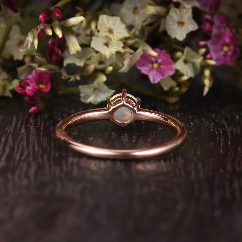 Opal Engagement Ring Lab Solitaire Rose Gold, 5mm Opal Birthstone 6 prongs Stacking Rings Colorful Minimalist Ring