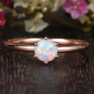 Opal Engagement Ring Lab Solitaire Rose Gold, 5mm Opal Birthstone 6 prongs Stacking Rings Colorful Minimalist Ring