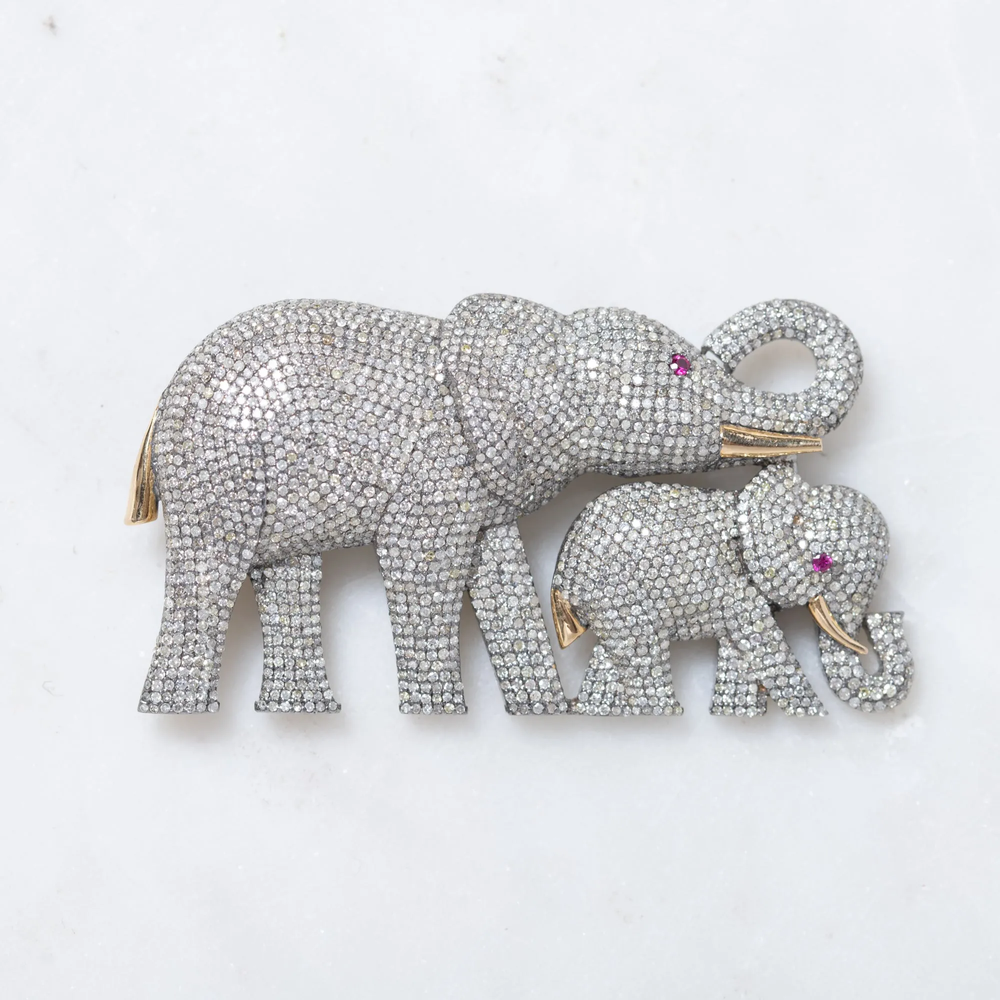 Pave Diamond Mamma and Baby Elephant Brooch