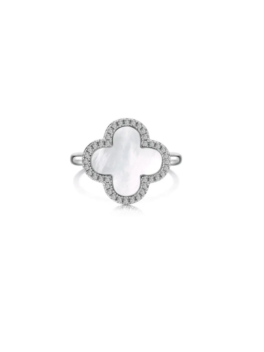 Pearl Clover Ring 925 Sterling Silver Cubic Zirconia Halo Flower Ring Women's Jewelry