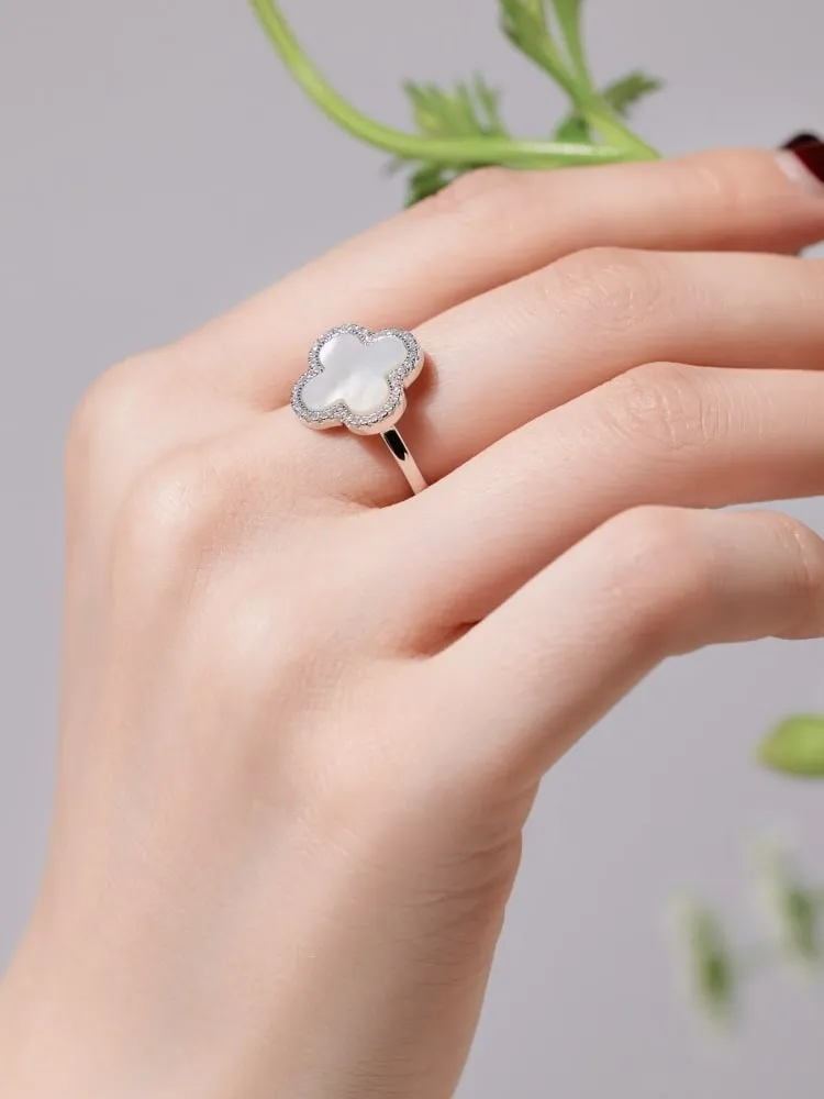 Pearl Clover Ring 925 Sterling Silver Cubic Zirconia Halo Flower Ring Women's Jewelry