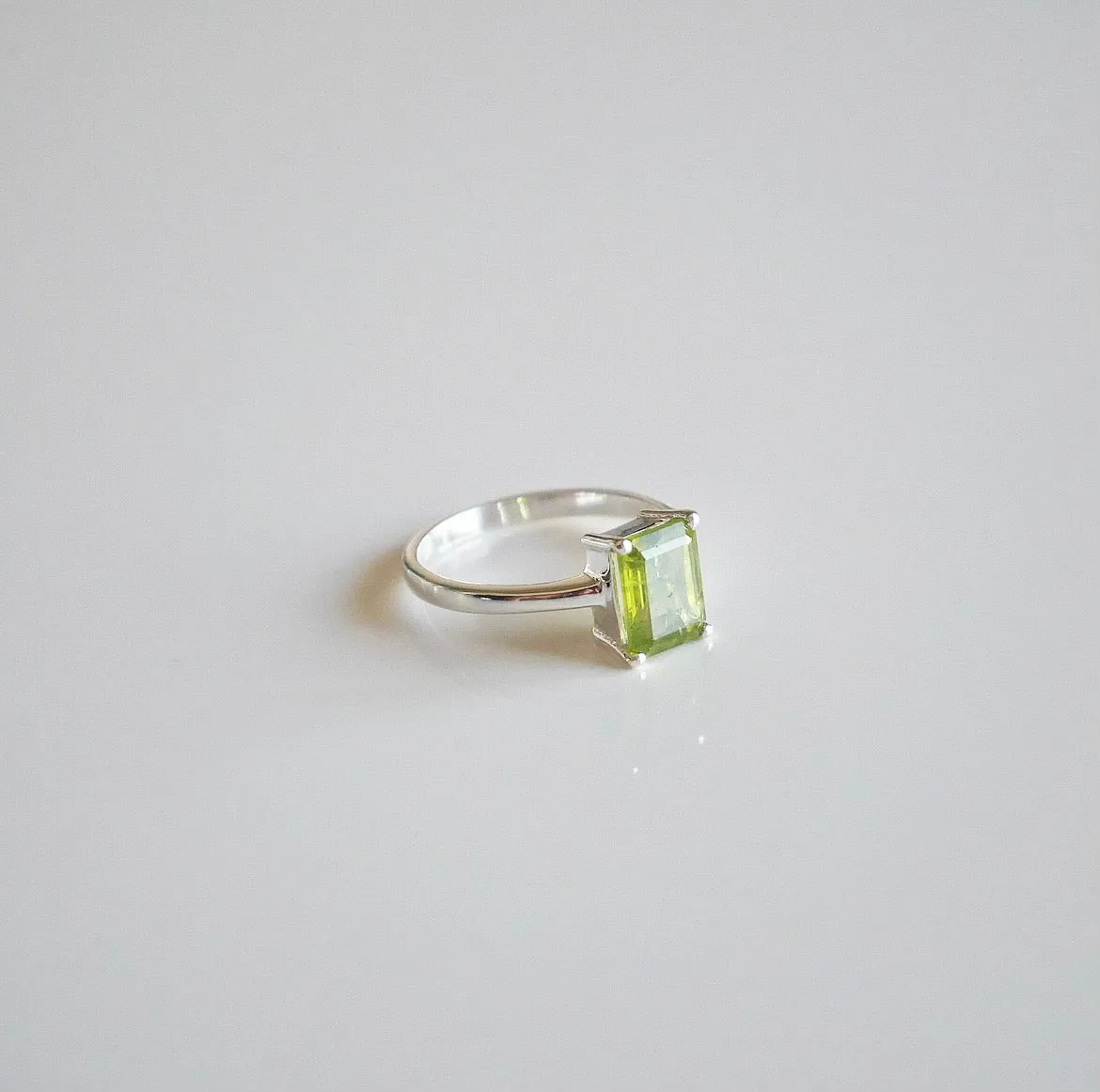 Peridot Silver Ring, 925 Sterling Silver Emerald Cut Ring, Natural Peridot Gemstone Everyday Princess Hypoallergenic Nickel Free Ring