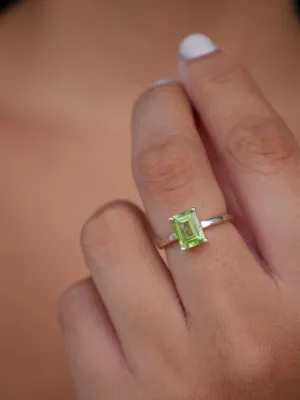 Peridot Silver Ring, 925 Sterling Silver Emerald Cut Ring, Natural Peridot Gemstone Everyday Princess Hypoallergenic Nickel Free Ring