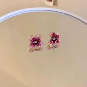 Pink Crystal Flower Stud Earrings-jlt11854