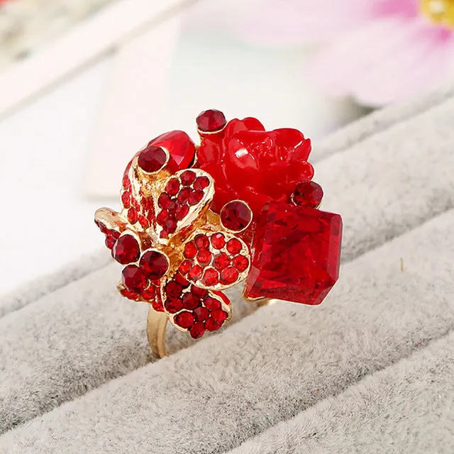 Purple flower ring for women hot sale crystal fashion party ring colorful jewelry trendy resin adjustable women's ring