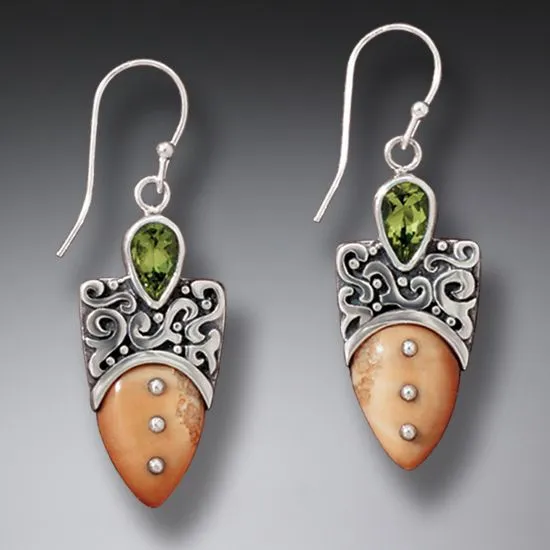 "Shield" Fossilized Walrus Silver Shield Earrings With Peridot