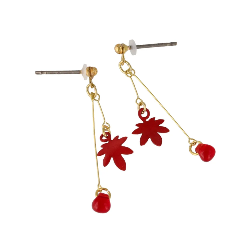 Red Momiji and Stone Drop Earrings