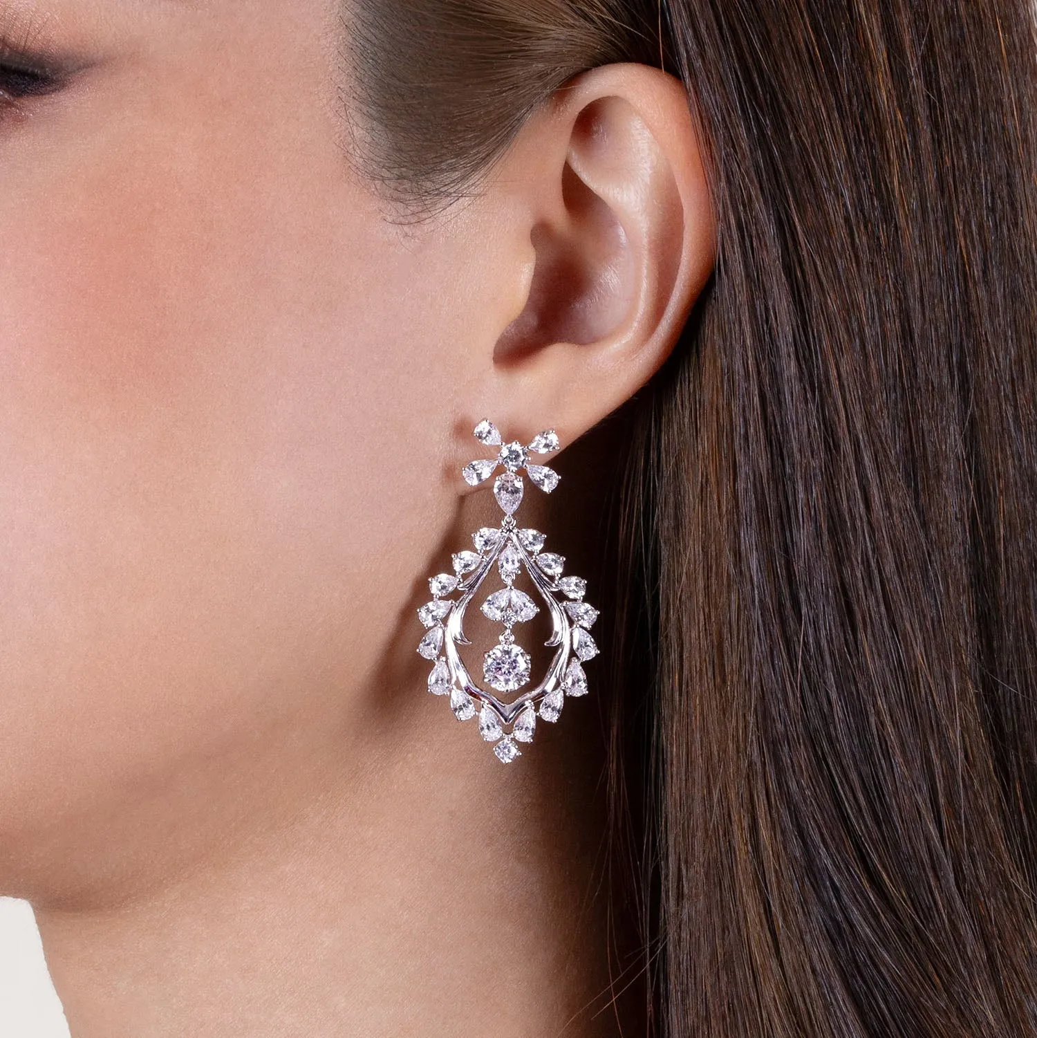 Regalia: Silver rhodium plated with 5mm 100 facets  CZ mesmera chandelier dangle earrings