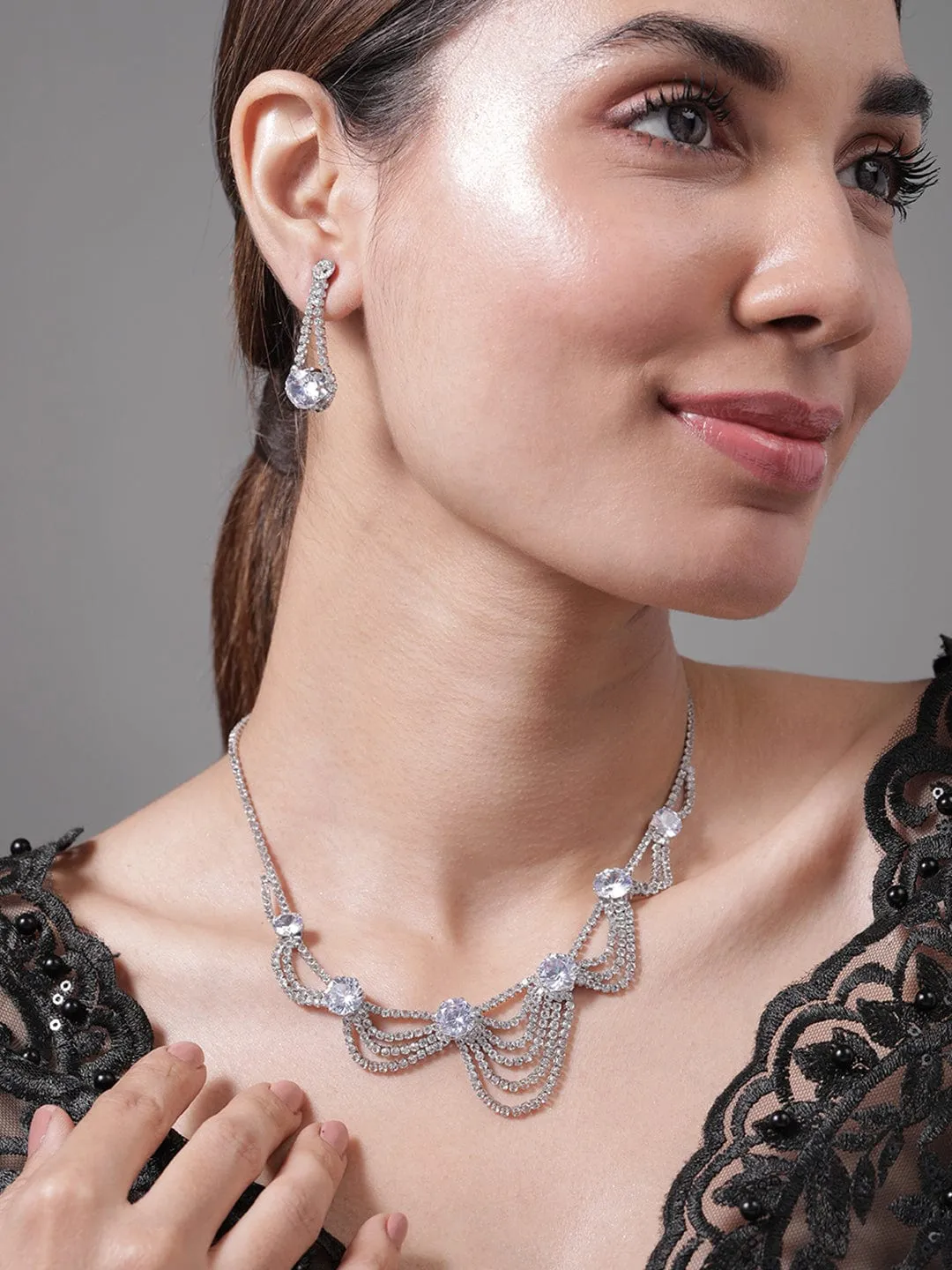 Rhodium Plated AD & Cubic Zirconia Studded Layered Statement Necklace Set