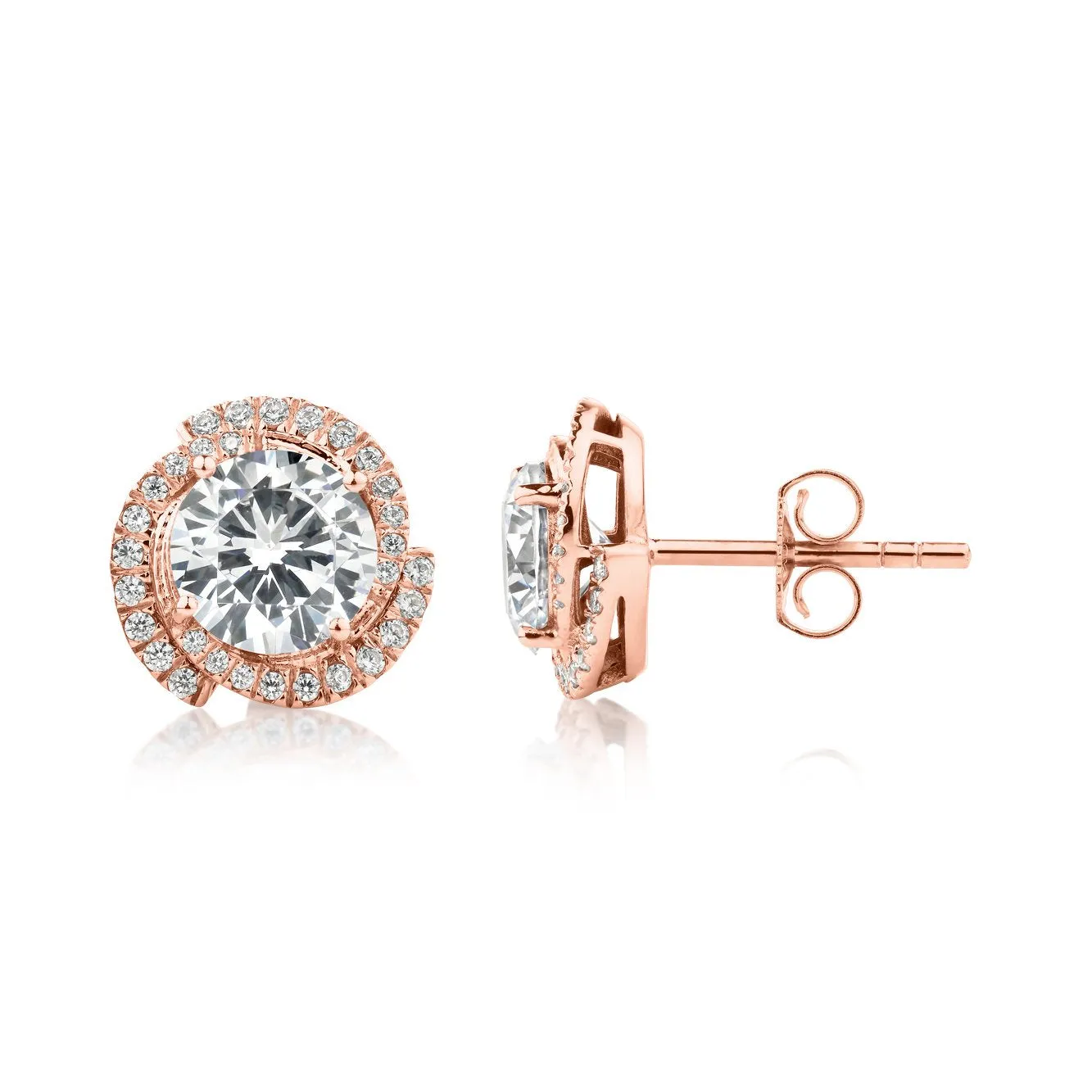 Round Brilliant halo stud earrings with 2.27 carats* of diamond simulants in 10 carat rose gold