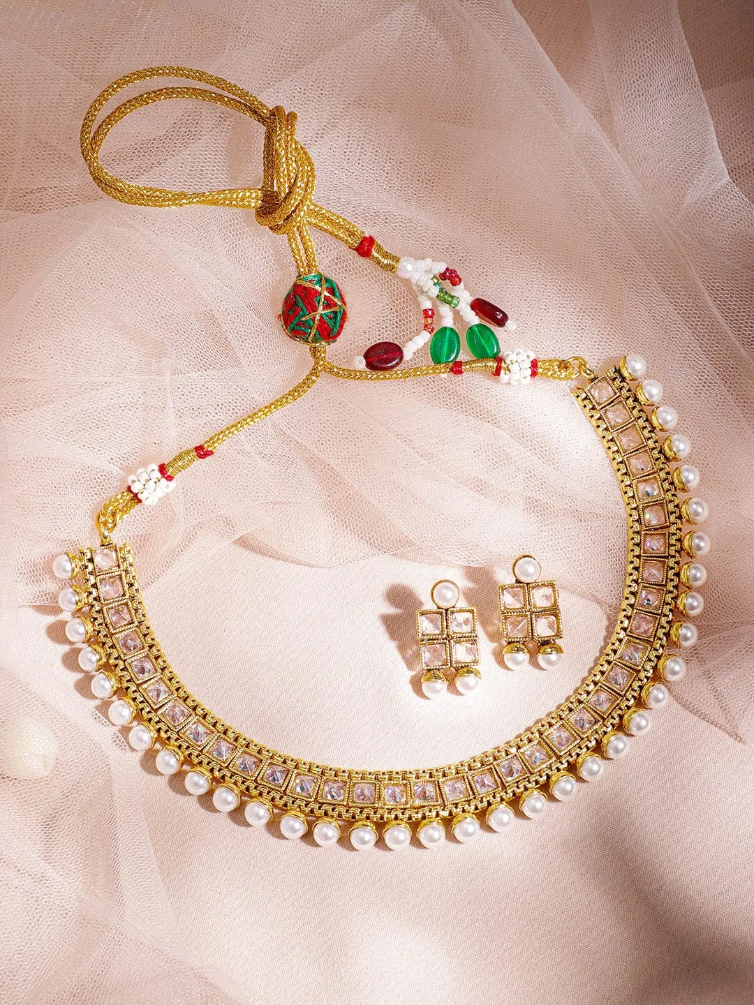 Rubans 22K Gold-Plated White Kundan Studded & Pearl Beaded Handcrafted Jewellery Set