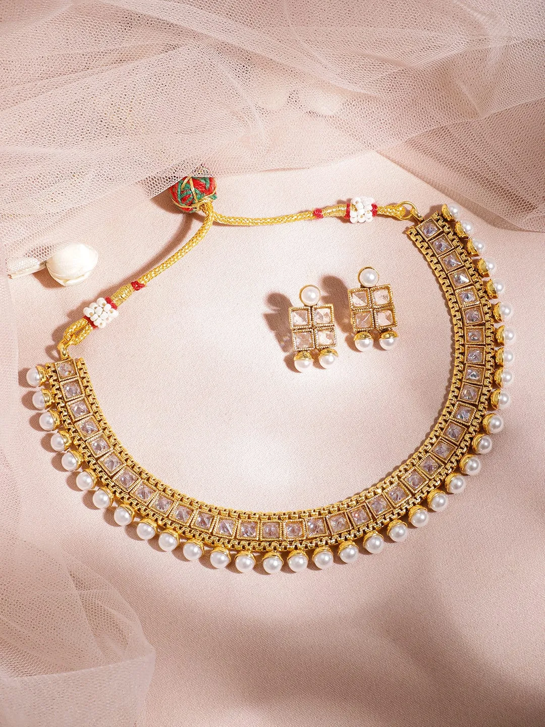 Rubans 22K Gold-Plated White Kundan Studded & Pearl Beaded Handcrafted Jewellery Set