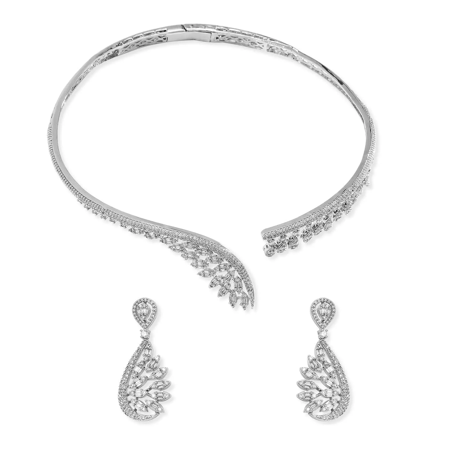 Rubans Silver-Plated AAA Cubic Zirconia Studded Leaf-Inspired Statement Choker Necklace Set