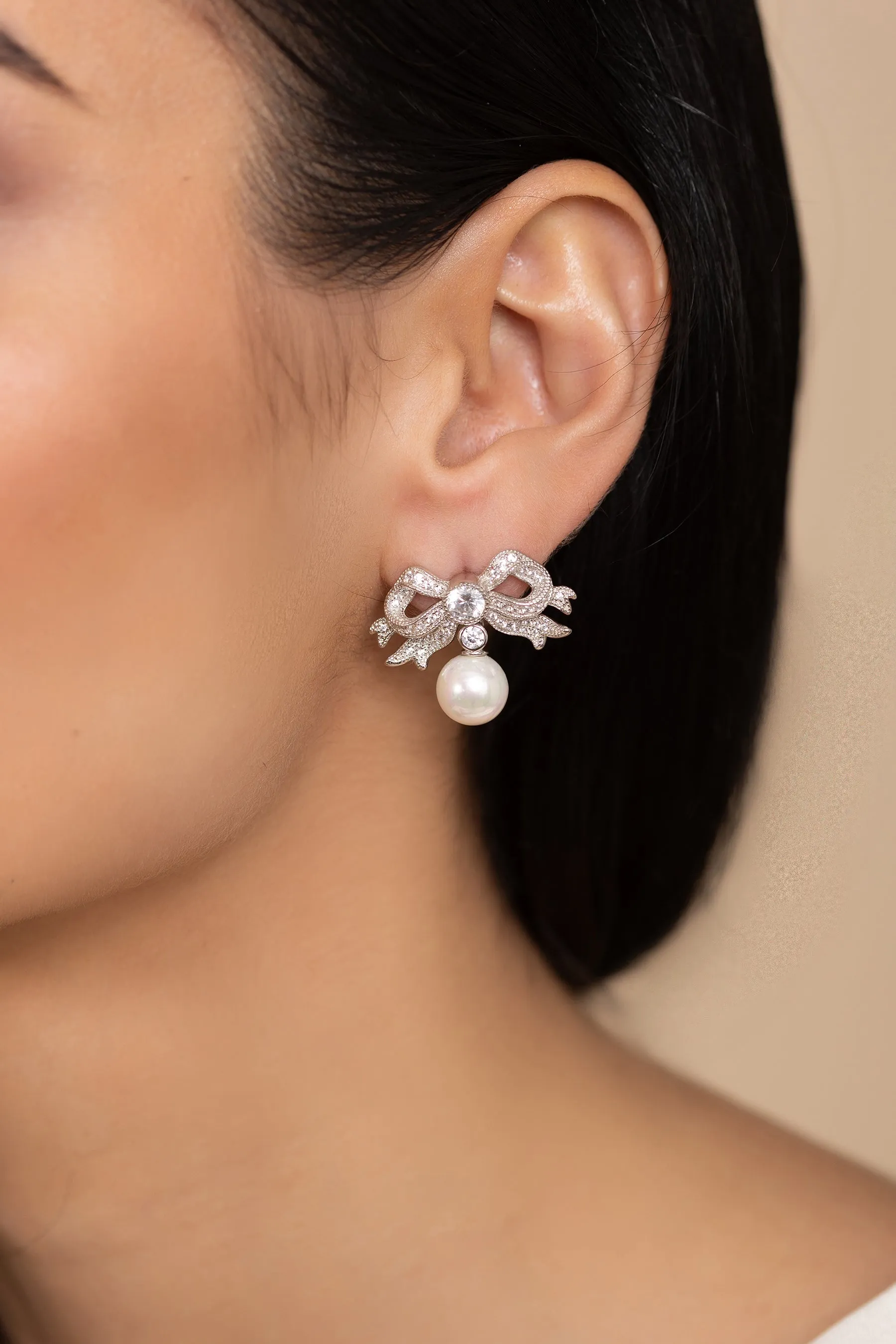 'Sissi' Bow and Pearl Drop Silver Earrings