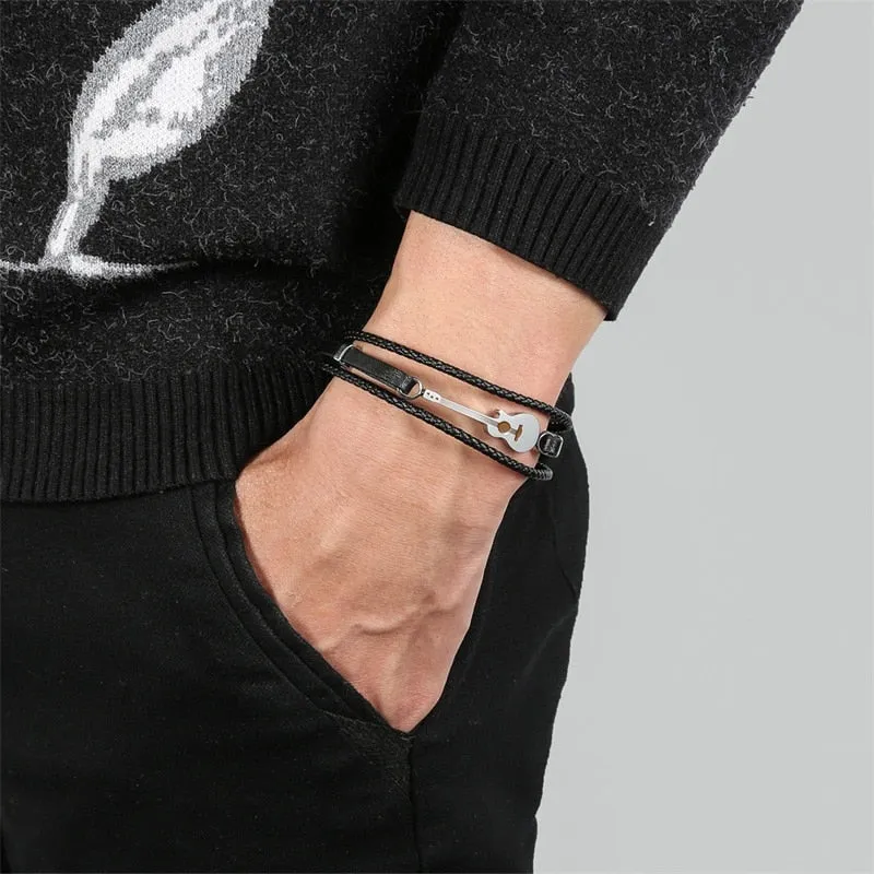 Stainless Steel Guitar Bracelets Black Customized Logo Leather Bracelet Rope Music Bangle