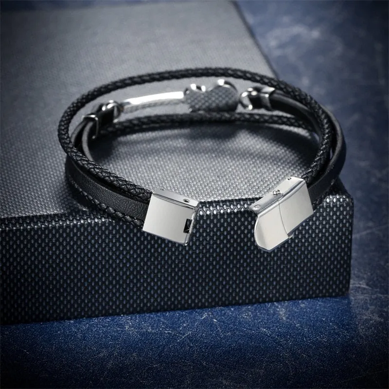 Stainless Steel Guitar Bracelets Black Customized Logo Leather Bracelet Rope Music Bangle