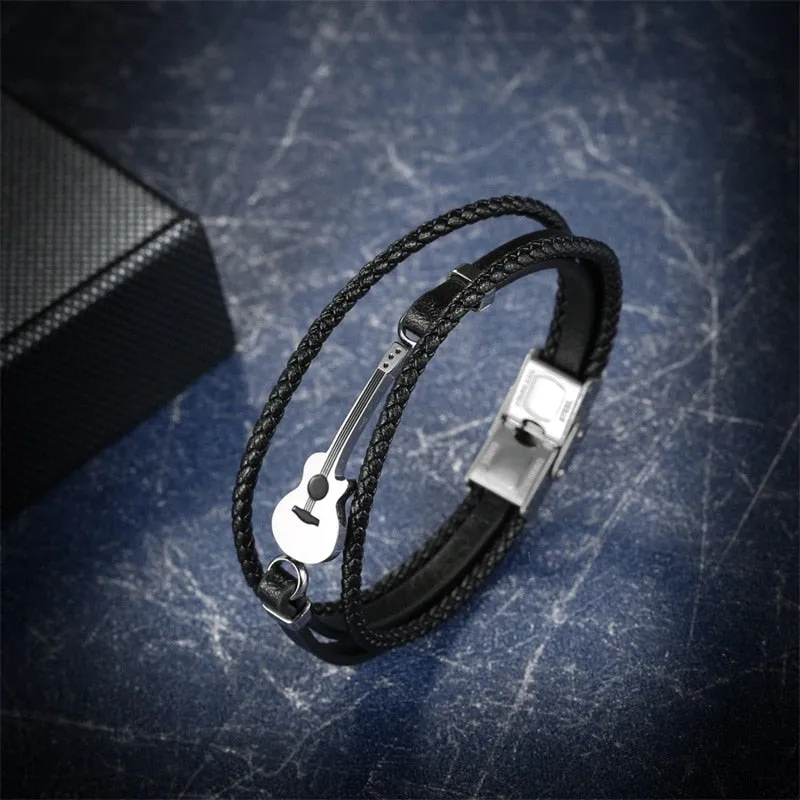 Stainless Steel Guitar Bracelets Black Customized Logo Leather Bracelet Rope Music Bangle