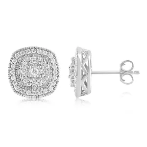 Sterling Silver 0.45 Carat Diamond Cushion Shape Cluster Stud Earrings with Round Brilliant Diamonds