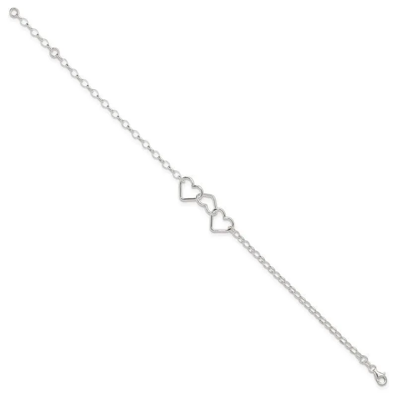 Sterling Silver 8 in Plus 1in Ext Interlocking Hearts Rolo Chain Anklet