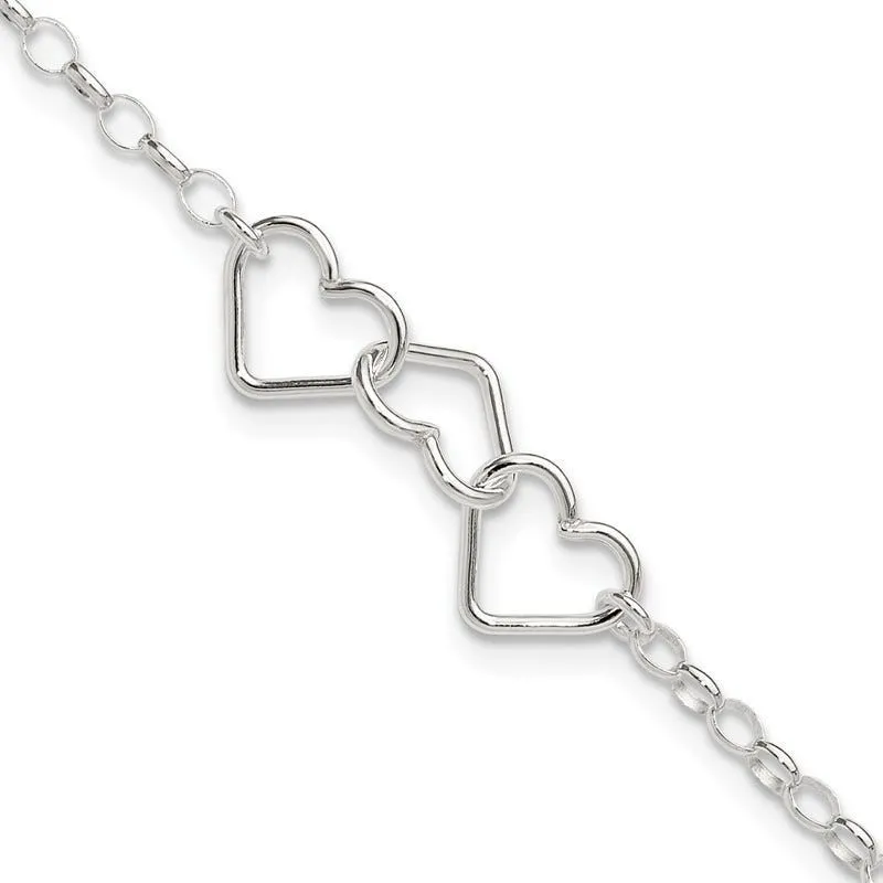 Sterling Silver 8 in Plus 1in Ext Interlocking Hearts Rolo Chain Anklet