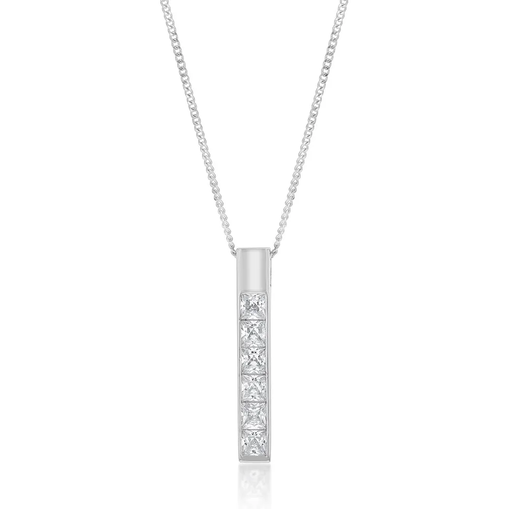 Sterling Silver Cubic Zirconia On Vertical Bar Pendant