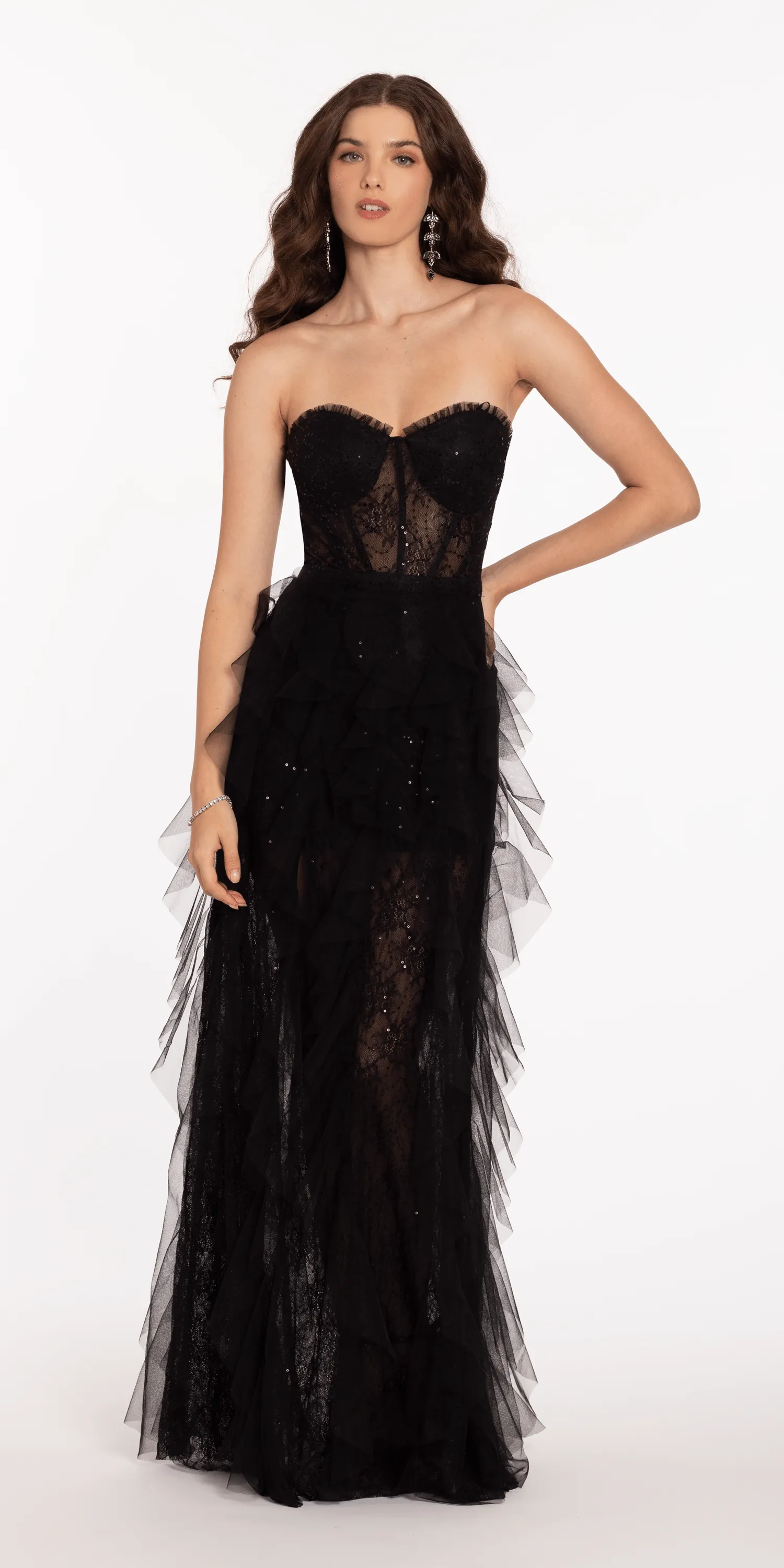 Sweetheart Illusion Corset Trumpet Dress with Mesh Cascades