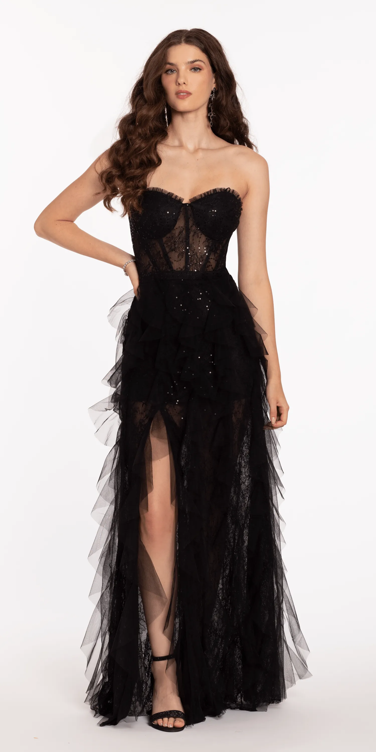 Sweetheart Illusion Corset Trumpet Dress with Mesh Cascades