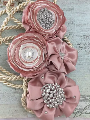 Traditional satin rope lasso/dusty rose lasso/with blush/dusty rose/dusty rose/flowers and silver diamond brooches  pearls