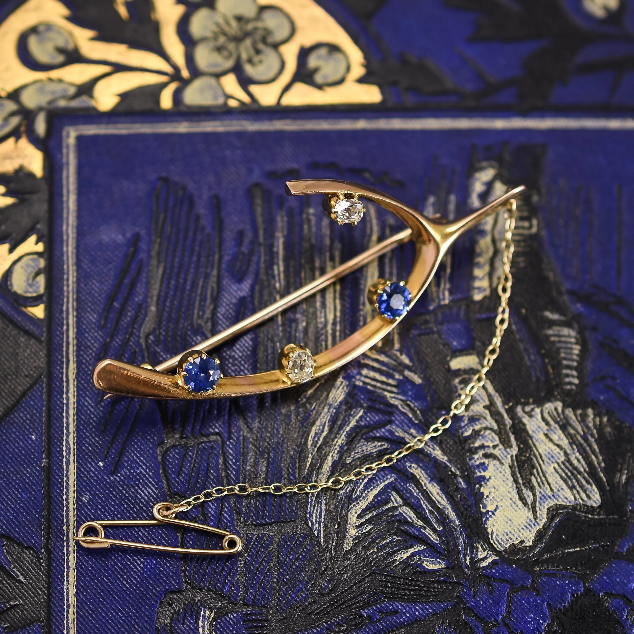 Victorian Diamond & Sapphire Wishbone Brooch