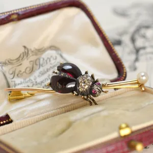 Victorian Diamond, Garnet & Pearl Insect Bar Brooch