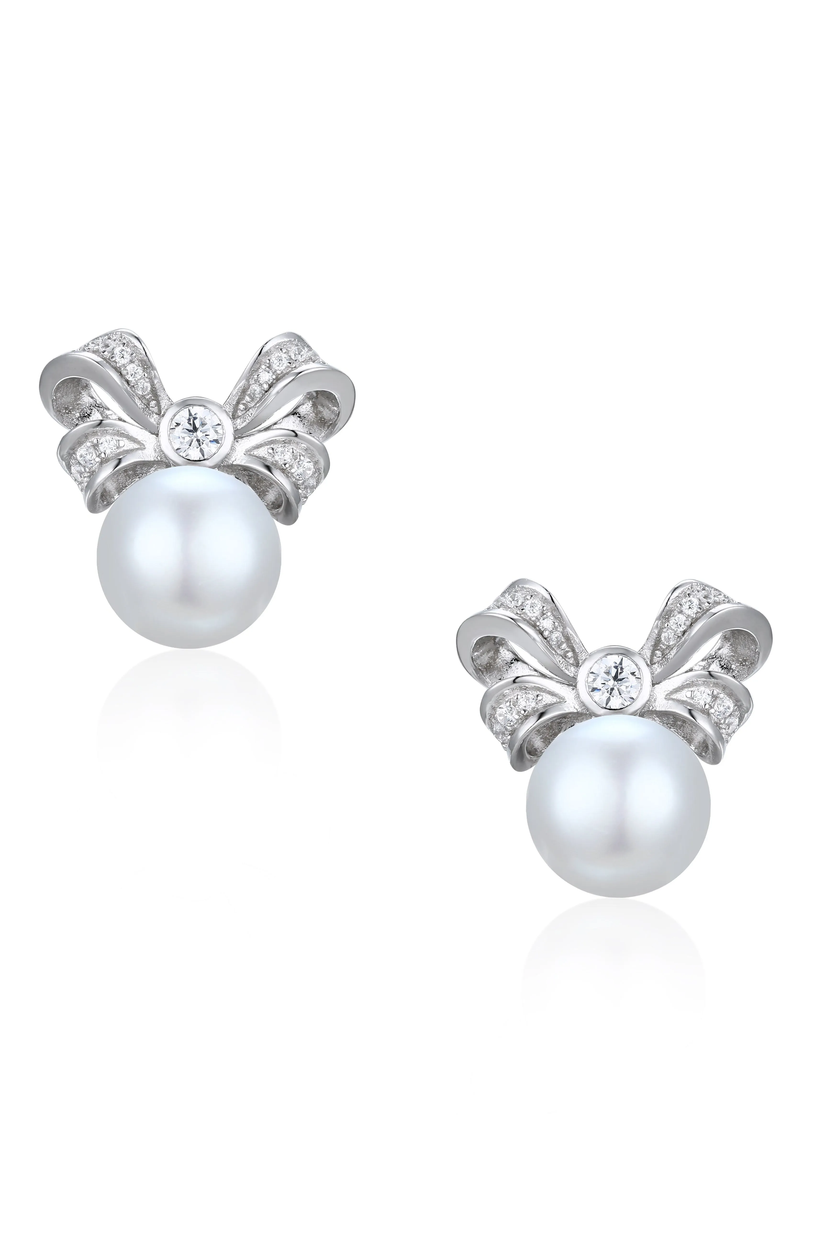 'Viscountess' Bow and Pearl Silver Earrings with Crystals