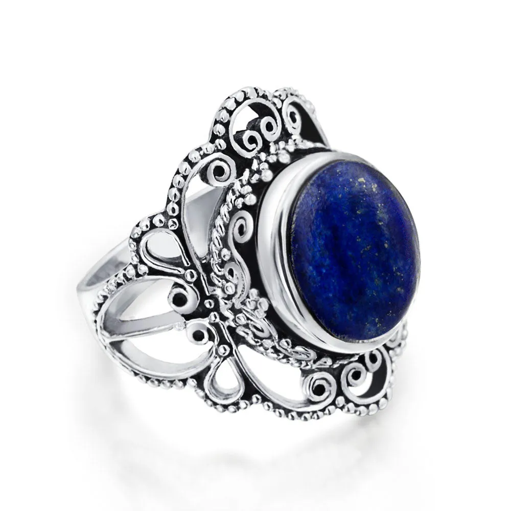 Western Jewelry Boho Silver Ring with Large Gemstone Filigree and Moonstone