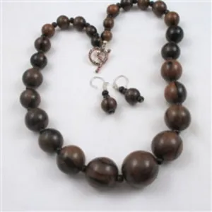 Wood Graduating Bead Necklace & Earrings Bold Jewelry Set