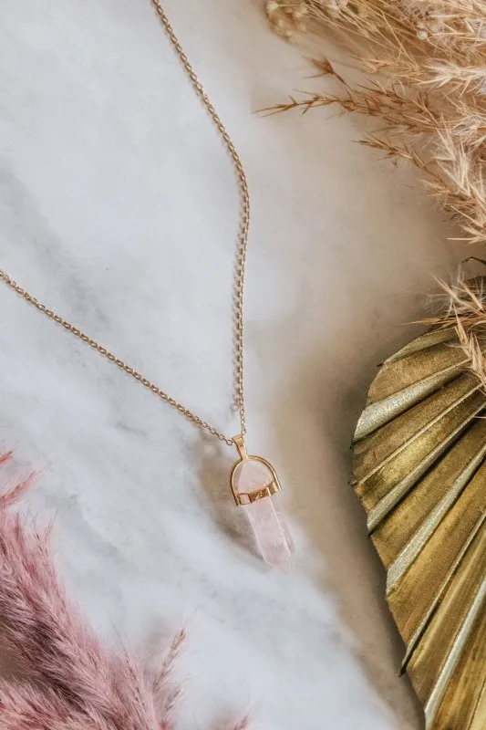 Xander Kostroma Gold Tone & Rose Quartz Crystal Point Necklace – 42cm   extension Chain, Healing Crystal Pendant, Handmade Jewelry for Emotional Balance & Self-Love