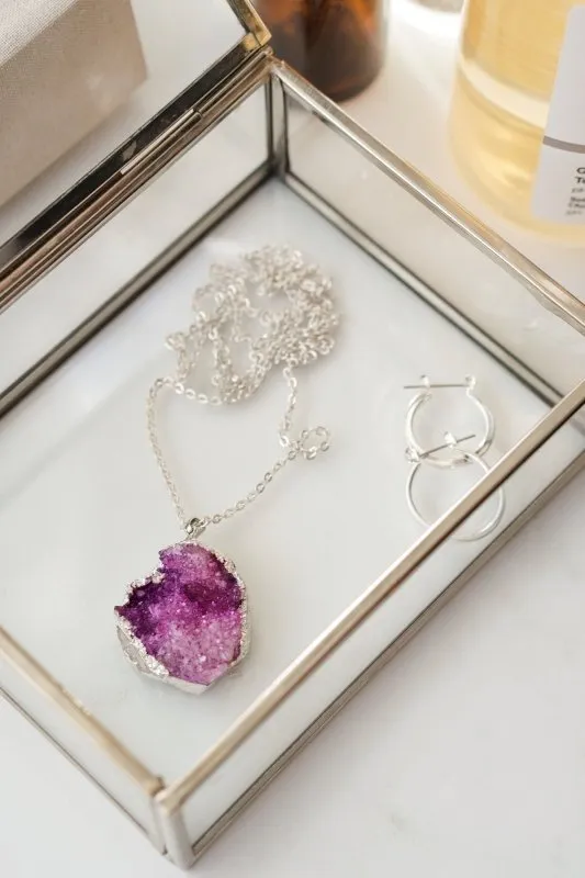 Xander Kostroma - Long Length 925 Sterling Silver Raw Lilac Purple Agate Necklace for Women - 68cm Chain - Enhances Positivity and Mental Function - Handcrafted Unique Jewelry - Perfect Gift for Elegance and Balance