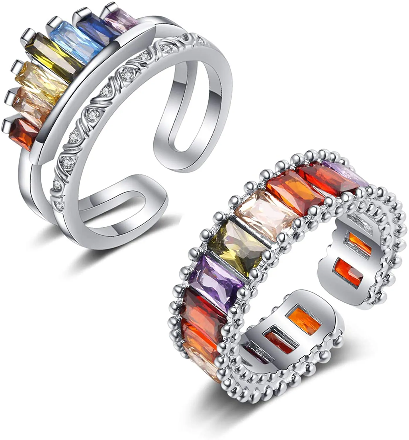 ZEINZE 2 Pcs Ajustable Rainbow Ring Set, Multicolor Open Wide Double Band Crown Stacking Dainty Cubic Zirconia Jewelry, Anniversary Birthday Gift for Her